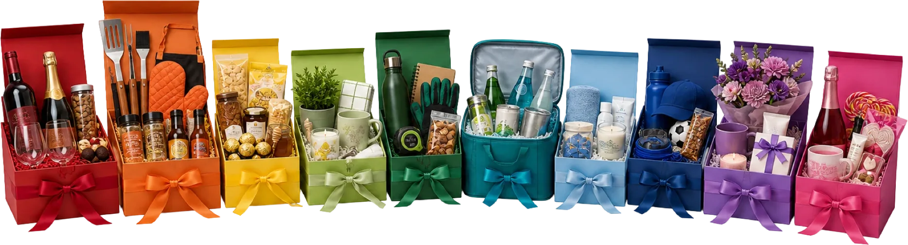 Rainbow row of branded corporate gift hampers with ribbon bows, wine, drink bottles, candles, flowers and treats