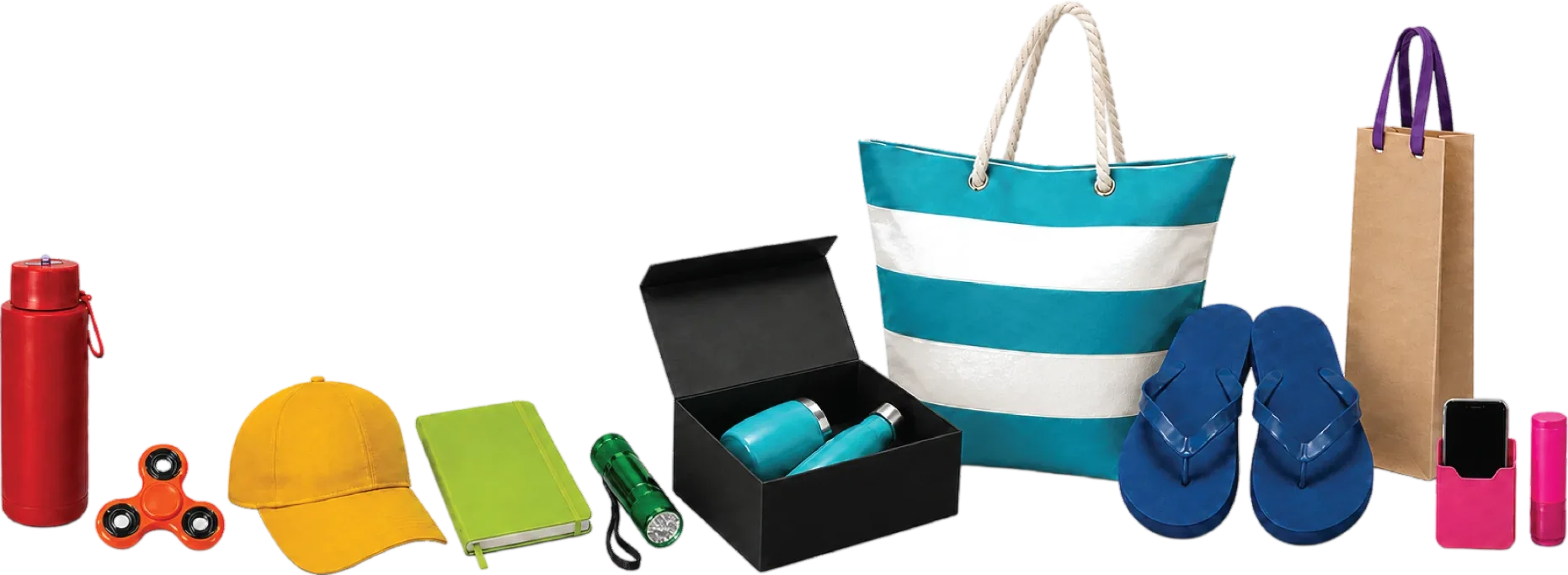 Bright branded merchandise including drink bottles, caps, bags, notebooks and gift sets