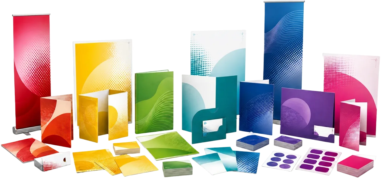 Printed business cards, flyers, posters, trifold brochures, presentation folders, vinyl banners and pull-up banners printed in bright cyan, magenta and yellow on white stock